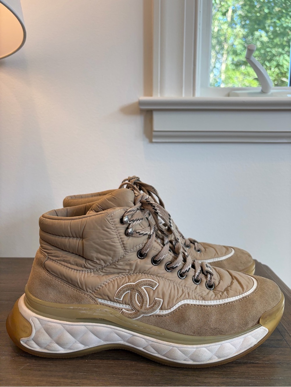 CHANEL Taupe Quilted High-Top Sneakers - Picture 2 of 9